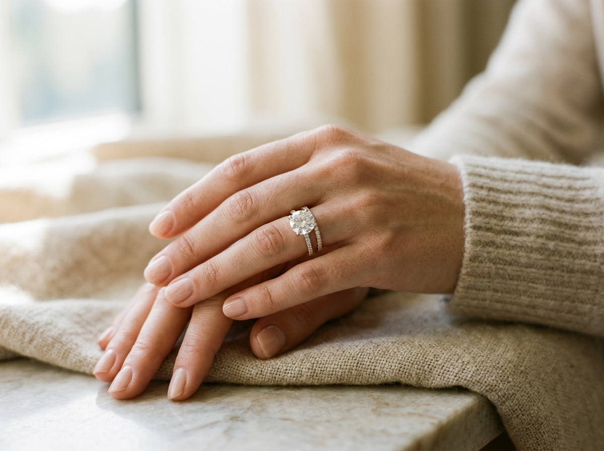 Hands wearing solitaire diamond engagement ring