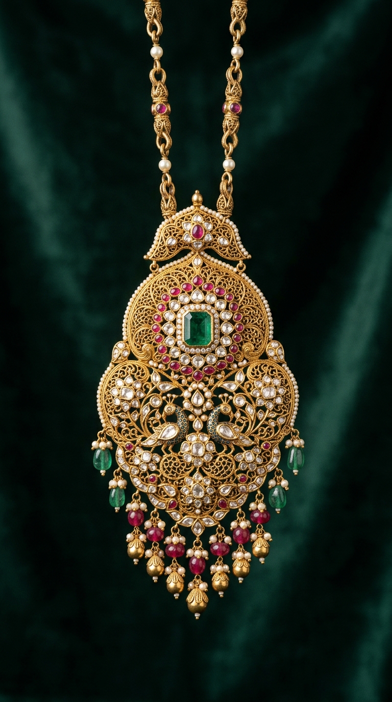 Royal Handcrafted Gold & Emerald Pendant Necklace - Zaveri Mahal Jaipur