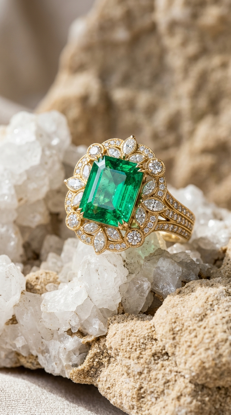 Haute Colombian Emerald Cocktail Ring on Mineral Stone - Zaveri Mahal Jaipur