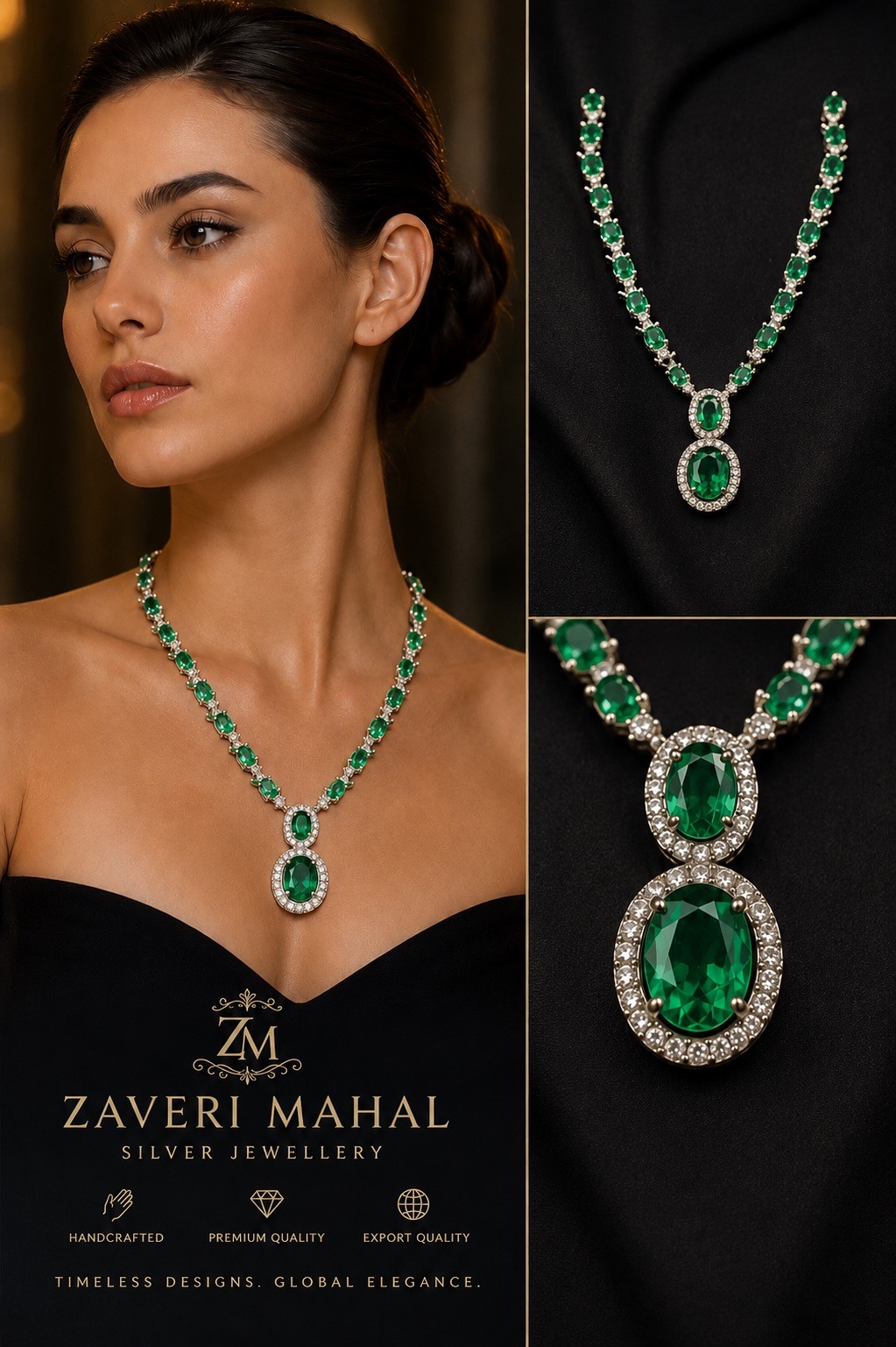 Zaveri Mahal Royal Colombian Emerald Gala Necklace worn by model - Jaipur High Jewellery Atelier
