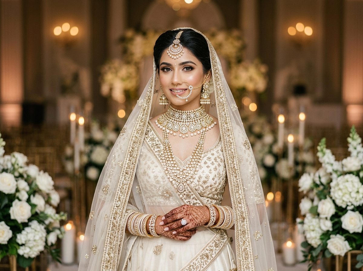Bride wearing traditional royal wedding jewellery